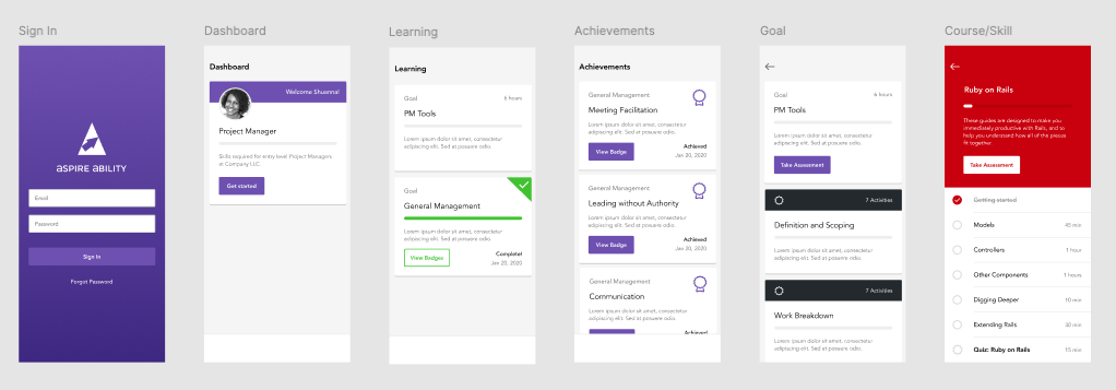 Aspire Ability mobile app screens