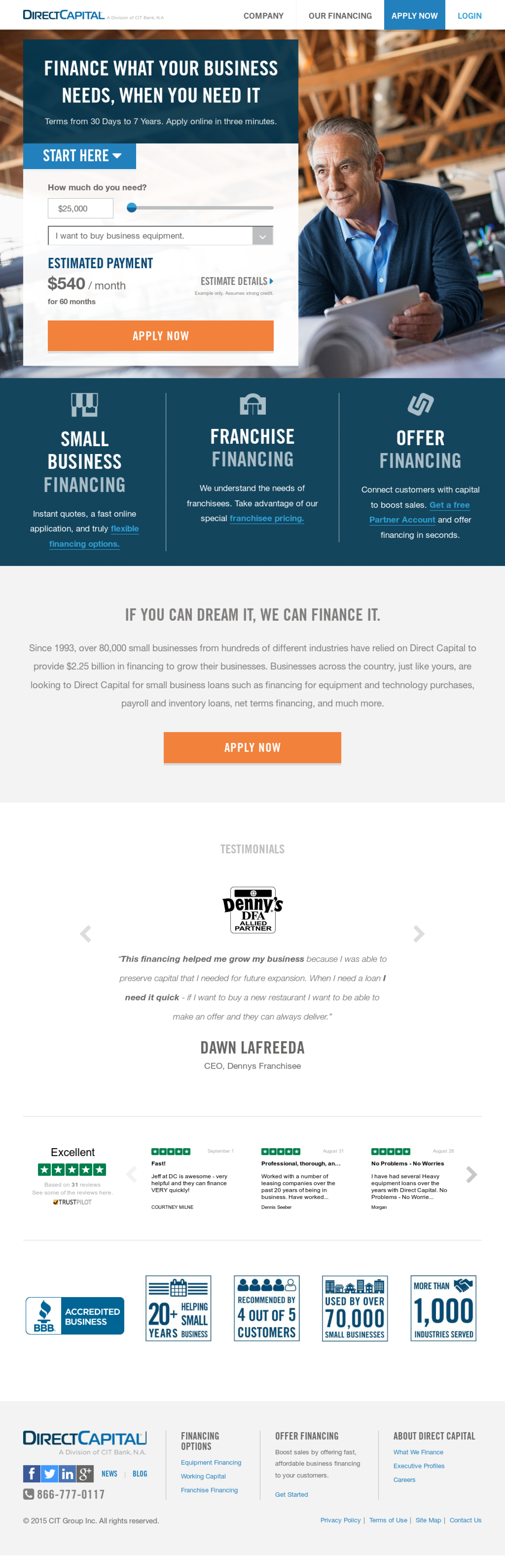 Direct Capital homepage: hero with Quick Quote, financing columns, testimonials, and footer