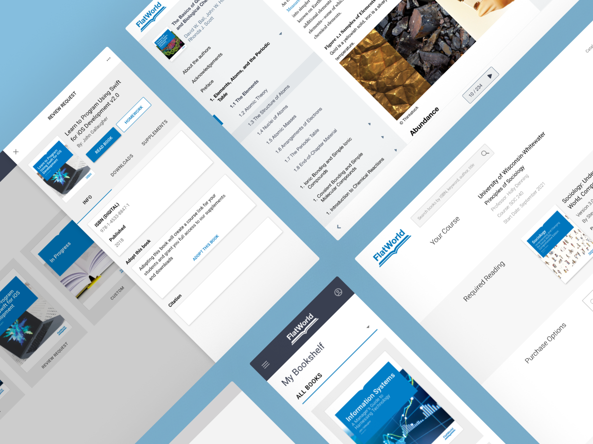 FlatWorld digital textbook platform on mobile: reader, bookshelf, and search