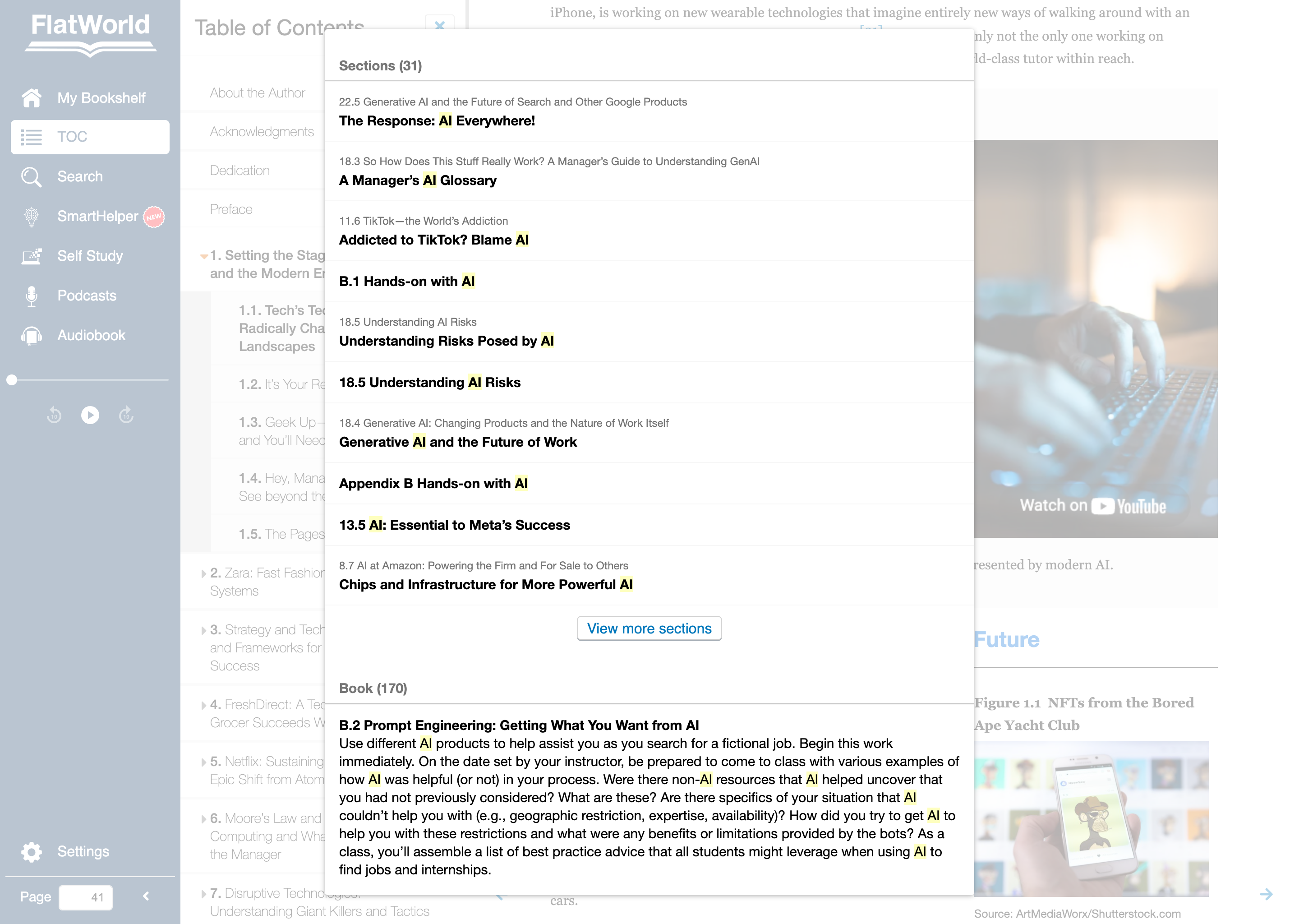 Search overlay grouping sections and book occurrences