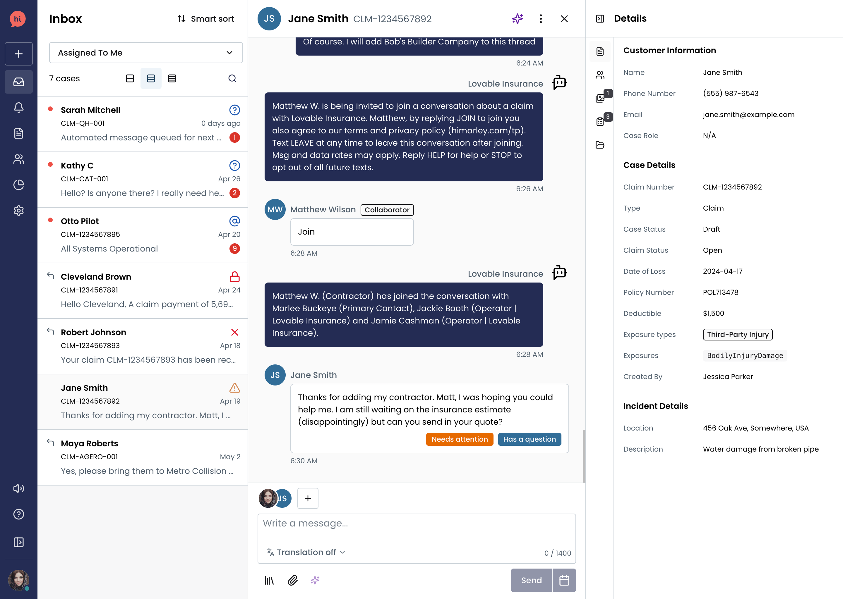 Hi Marley prototype environment: inbox, conversation, and claim details