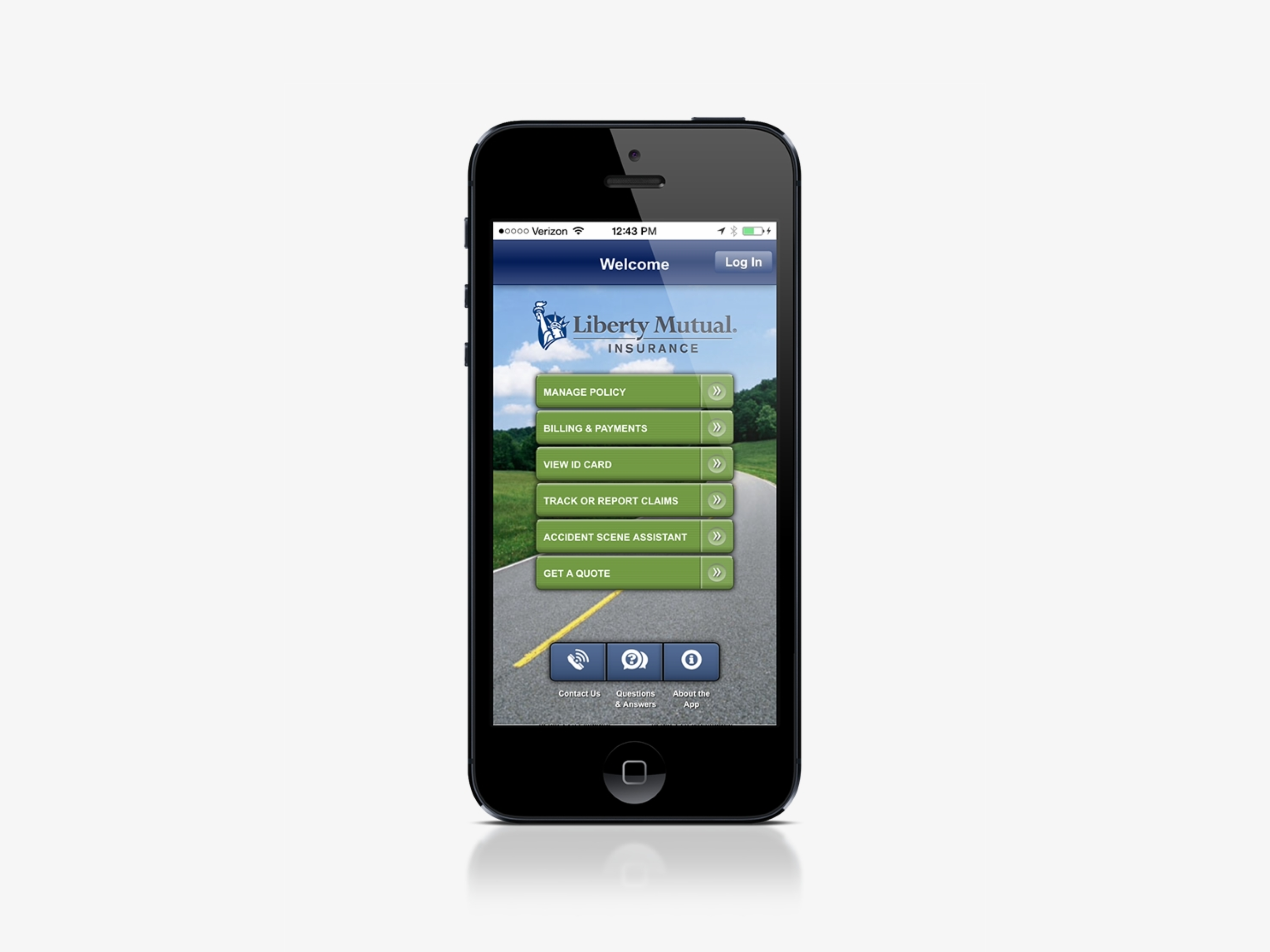 Early Liberty Mutual mobile app home screen on an iPhone