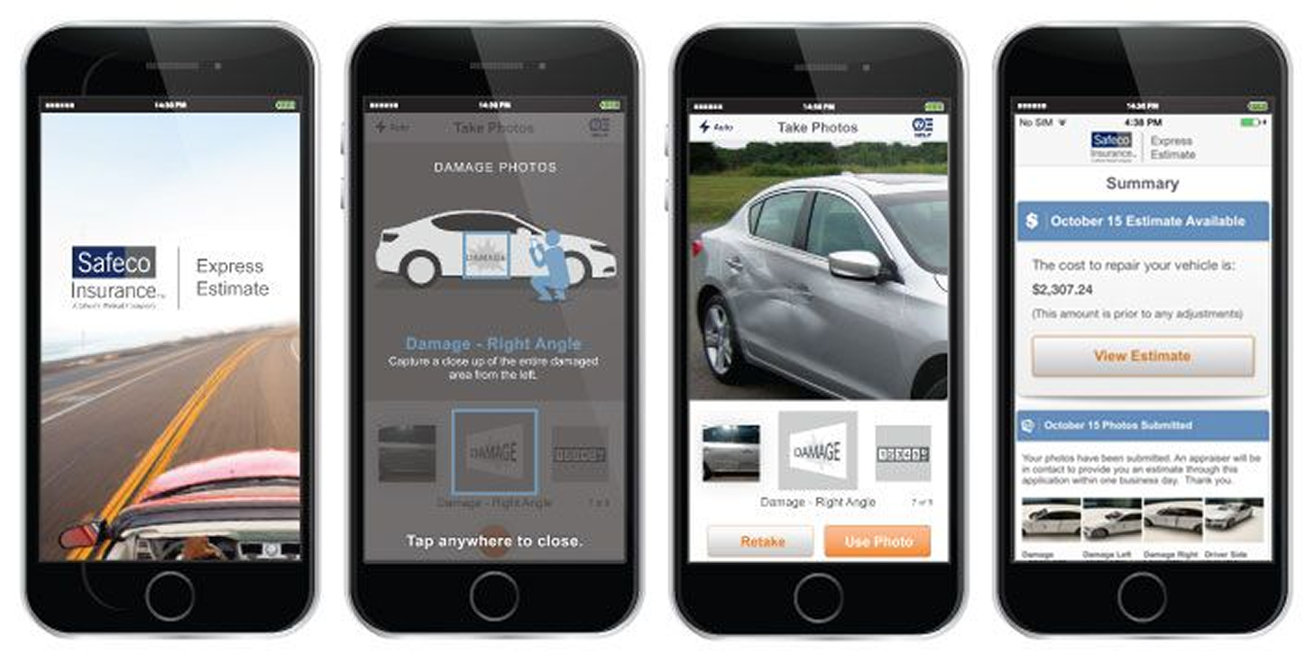 Sequential mobile screens for Express Estimate FNOL: intro, damage photo guidance with step thumbnails, camera capture, and summary with estimate