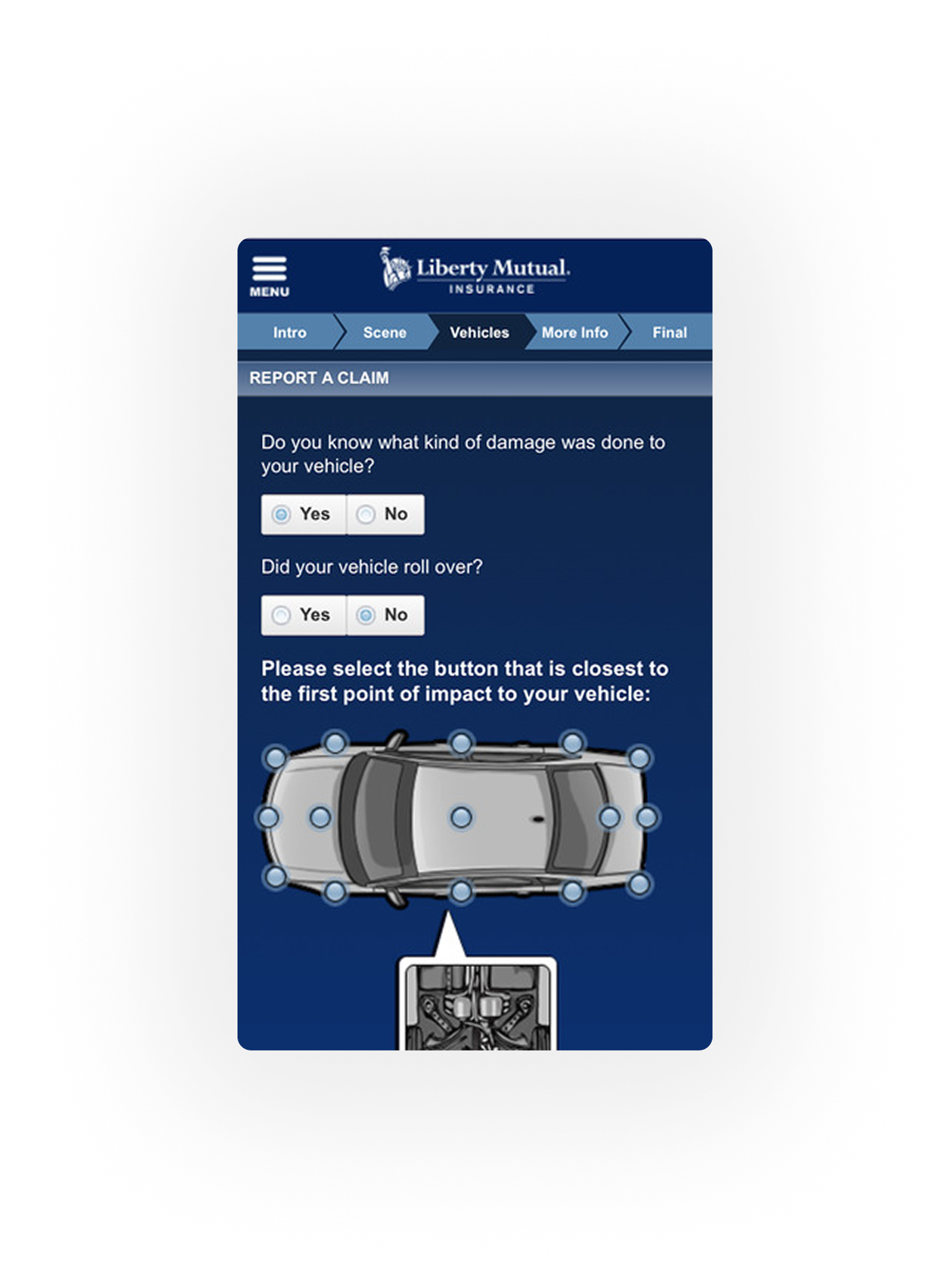 Liberty Mutual Report a Claim header with chevron wayfinder showing Vehicles as the active step