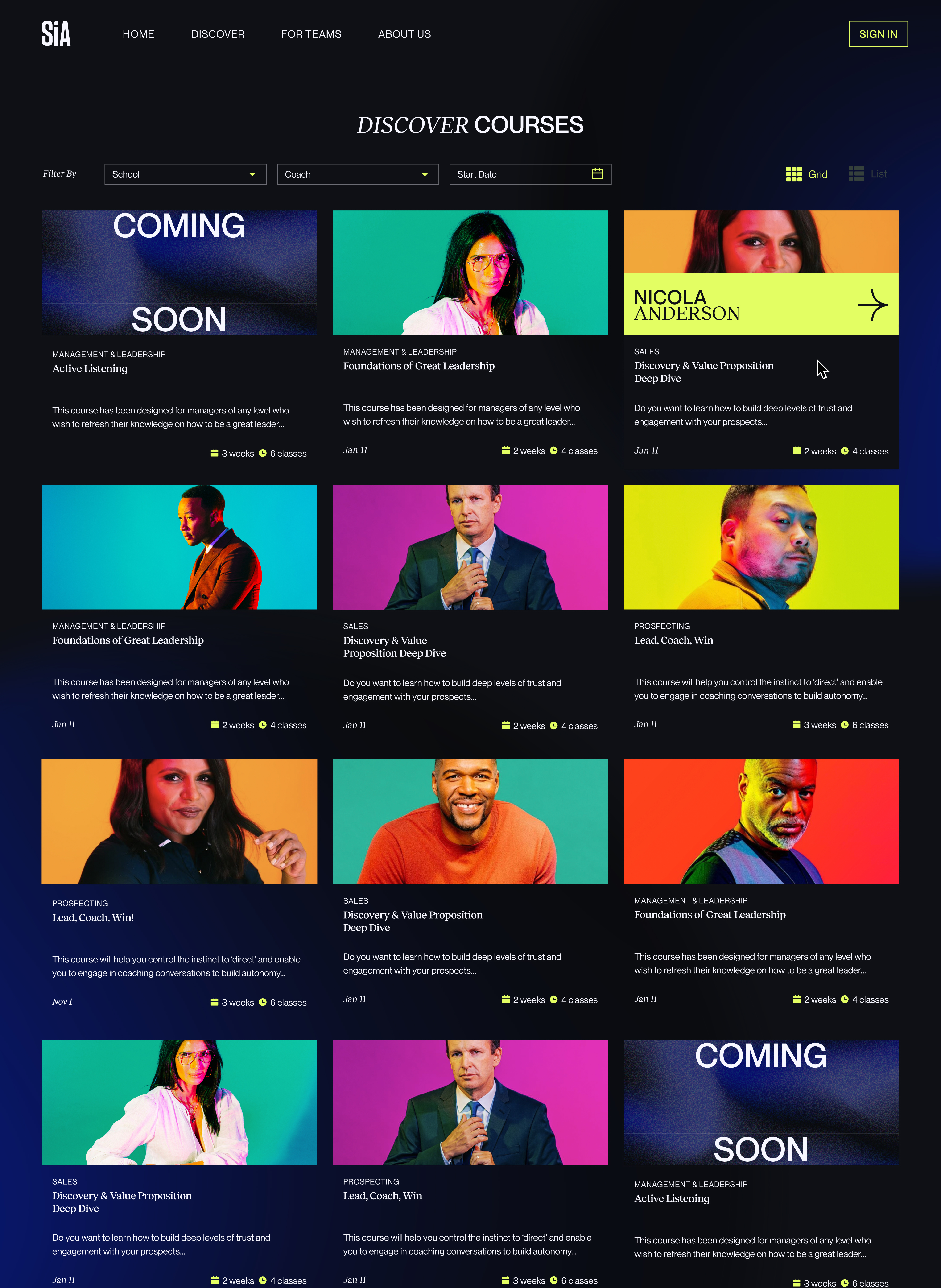 Sales Impact Academy Discover Courses page with filterable course grid