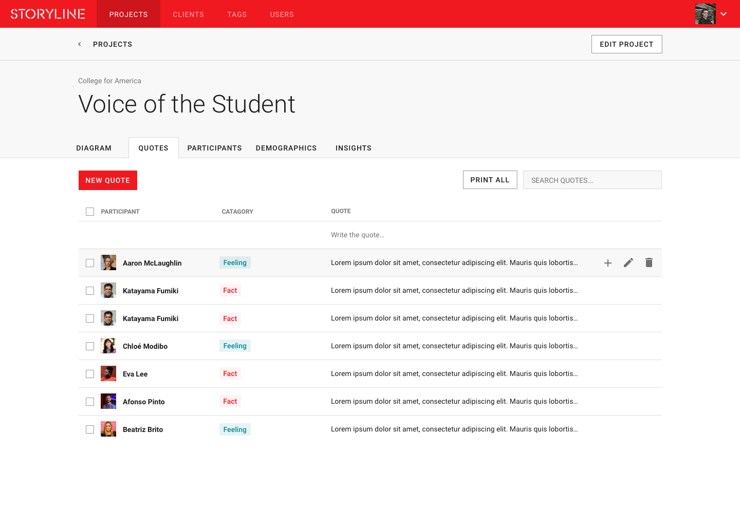Storyline Quotes tab with participant rows and Feeling and Fact tags