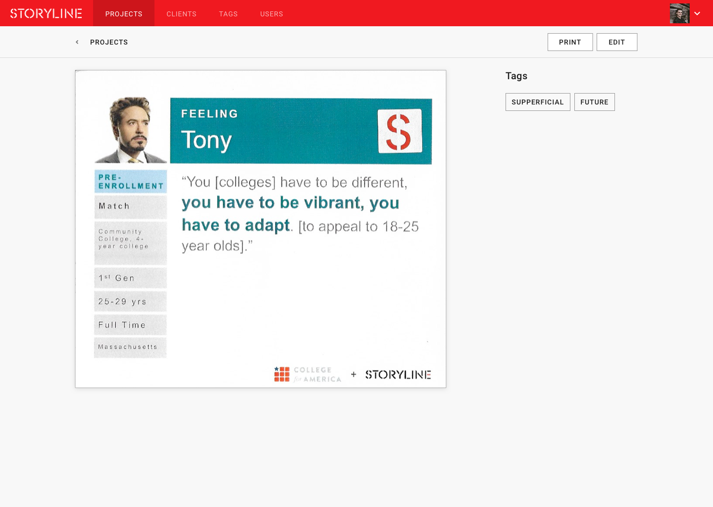 Storyline persona canvas with portrait, attributes, and highlighted quote