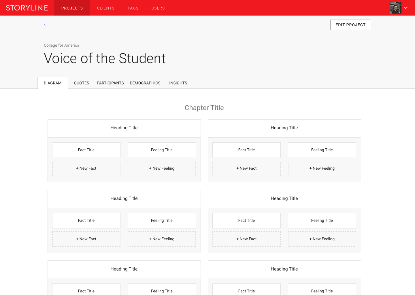 Storyline project view with global navigation and tabbed project workspace