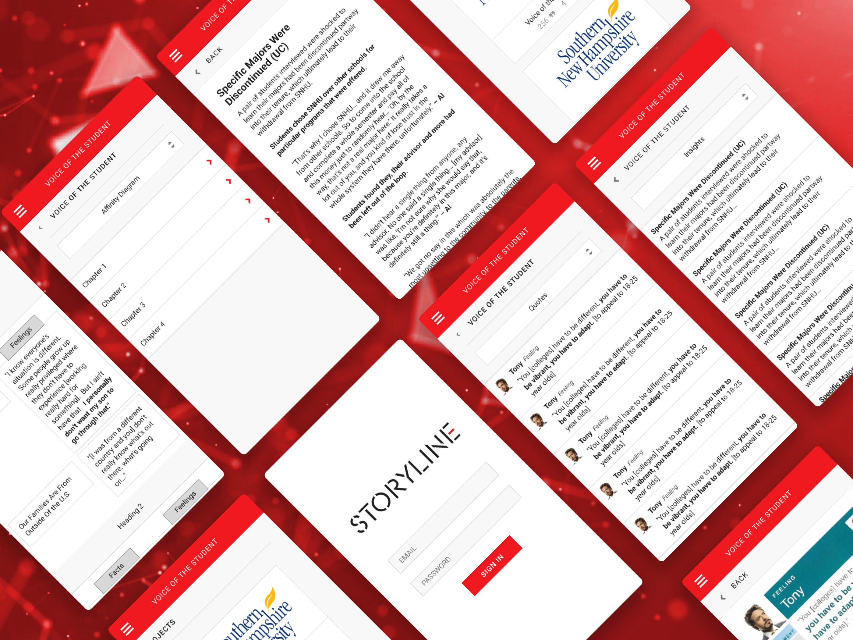 Storyline mobile app screens for Voice of the Student: login, quotes, insights, and affinity chapters